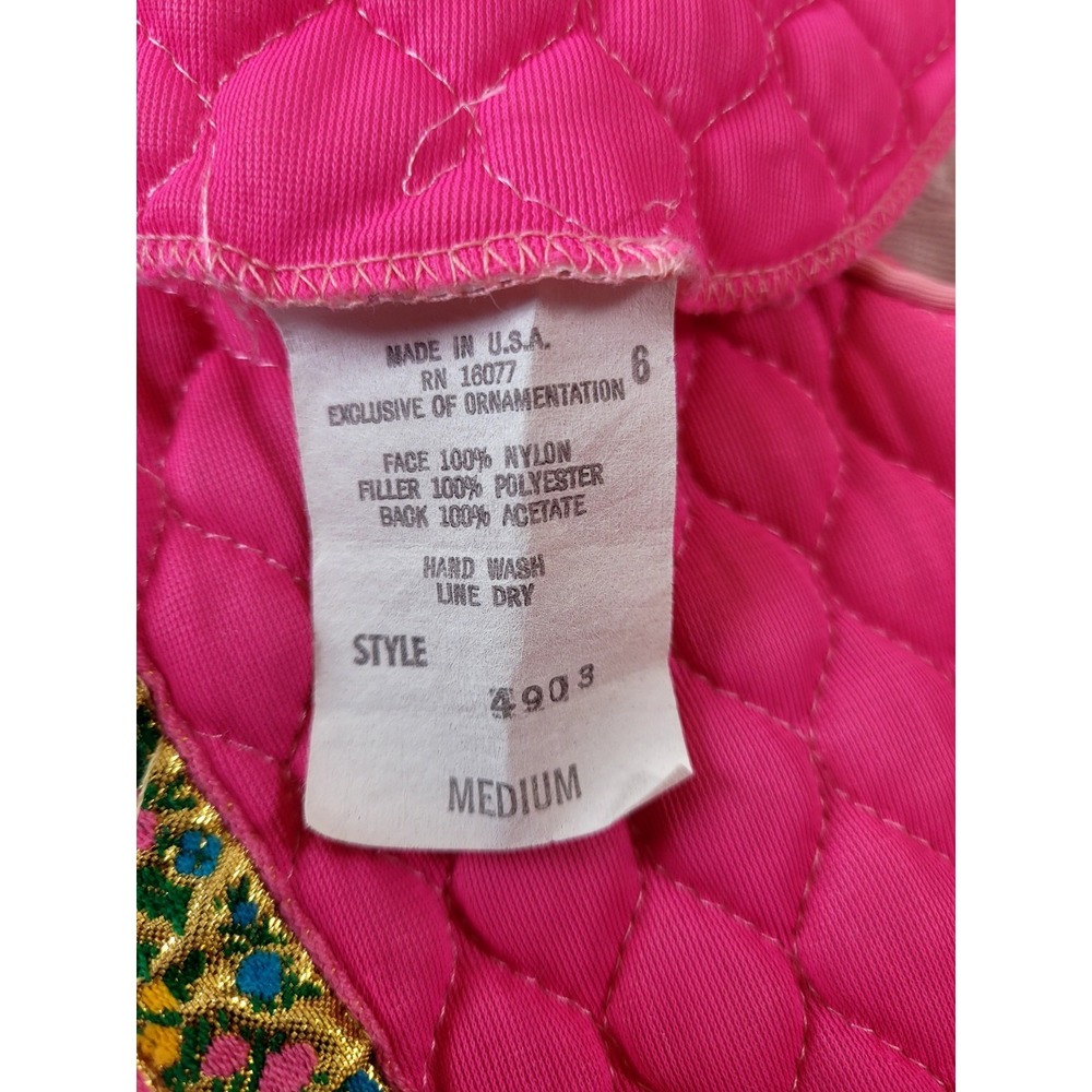 Vintage 60's Quilted Robe Gold Floral Trim Flowy Sleeve Hot Pink Maxi Mod M - Picture 9 of 16